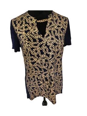 Michael Kors Navy Gold Chain Print V-Neck Top Size XS MMKORS